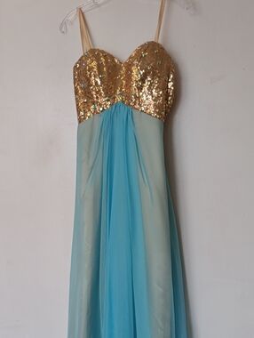 Vintage Faviana Gold Sequin Bodice Aqua Strapless Evening Dress